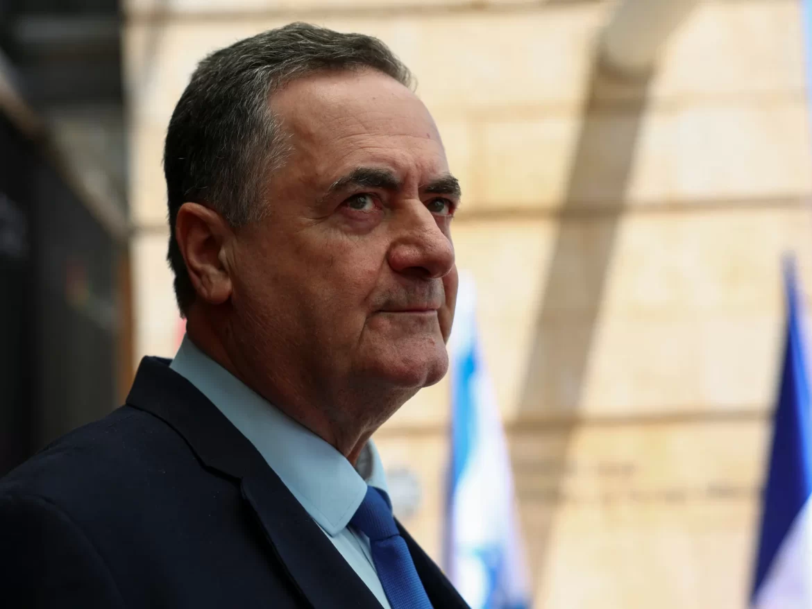 Israeli politician, Yisrael Katz, seen in profile, wearing a suit with flags in the background.