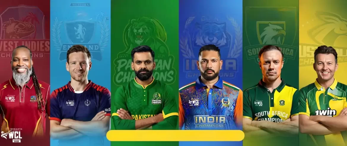 Six cricket players in team jerseys, representing different nations.