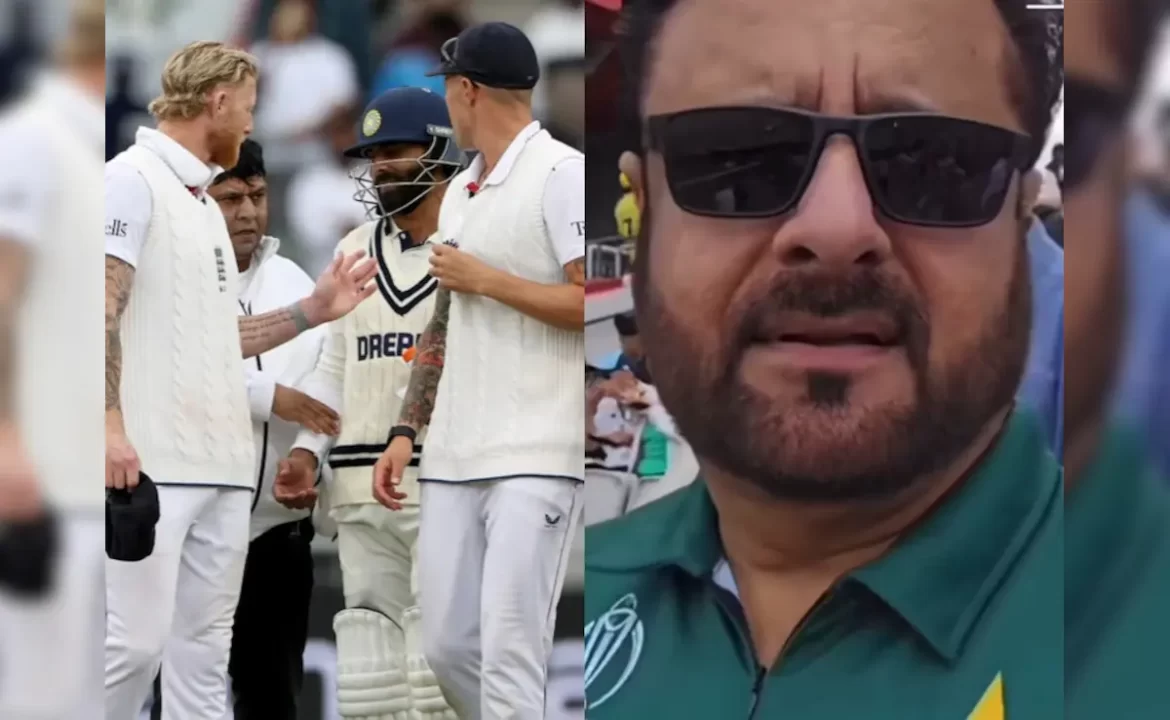 Cricketers engage in a discussion on the field, with one player gesturing animatedly, while spectators watch in the background.