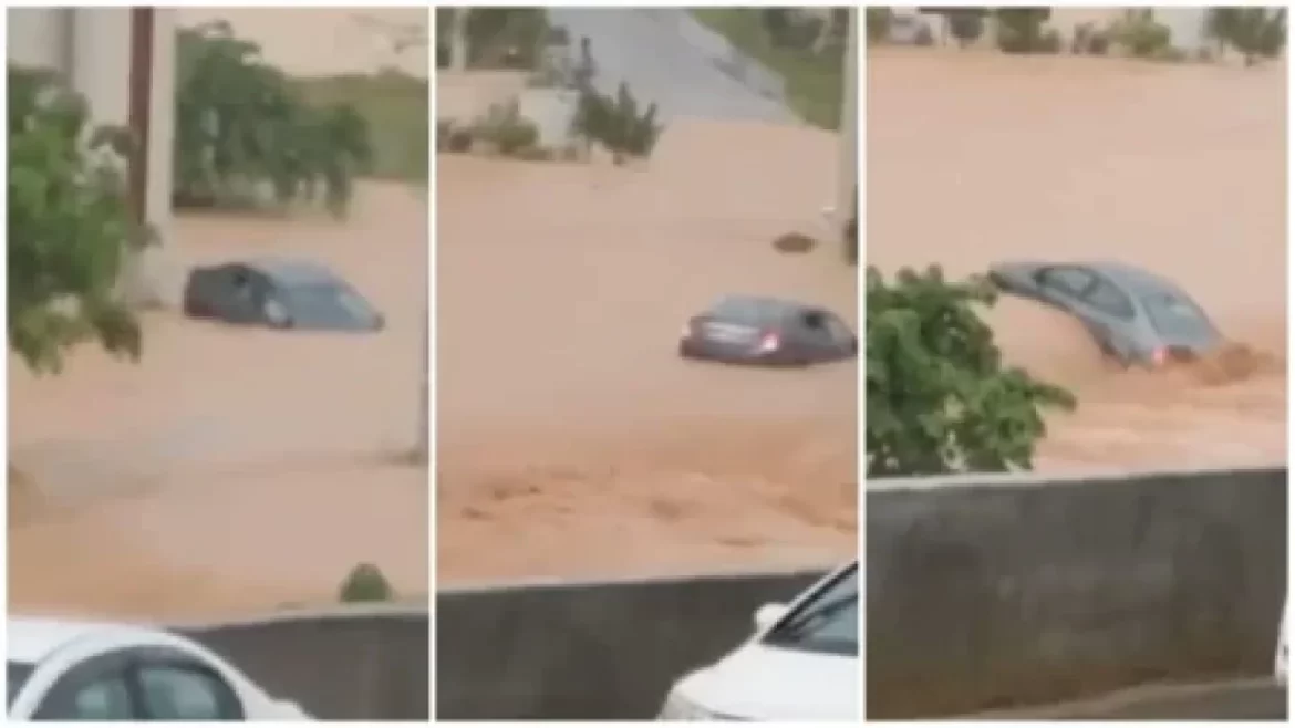 Three images show a submerged car struggling in a flooded area, highlighting the impact of heavy rainfall on urban streets.