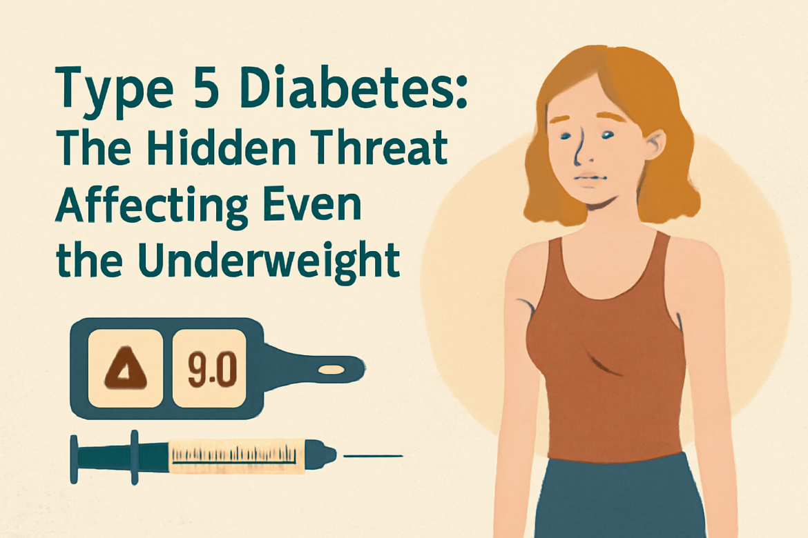 A digital illustration of a slim woman standing next to a glucose meter and syringe, with the headline 'Type 5 Diabetes: The Hidden Threat Affecting Even the Underweight' in bold blue text. The background is soft beige, emphasizing the unseen impact of Type 5 diabetes on individuals with a lean physique.