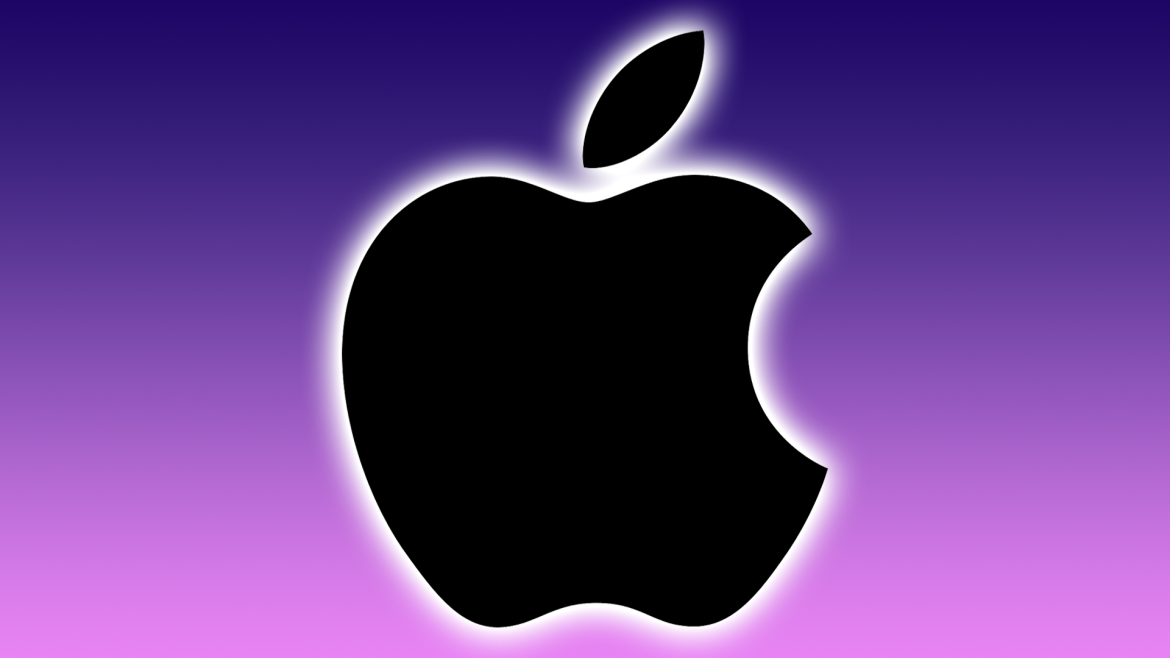 A black Apple logo illuminated against a gradient purple background, featuring a soft outer glow.