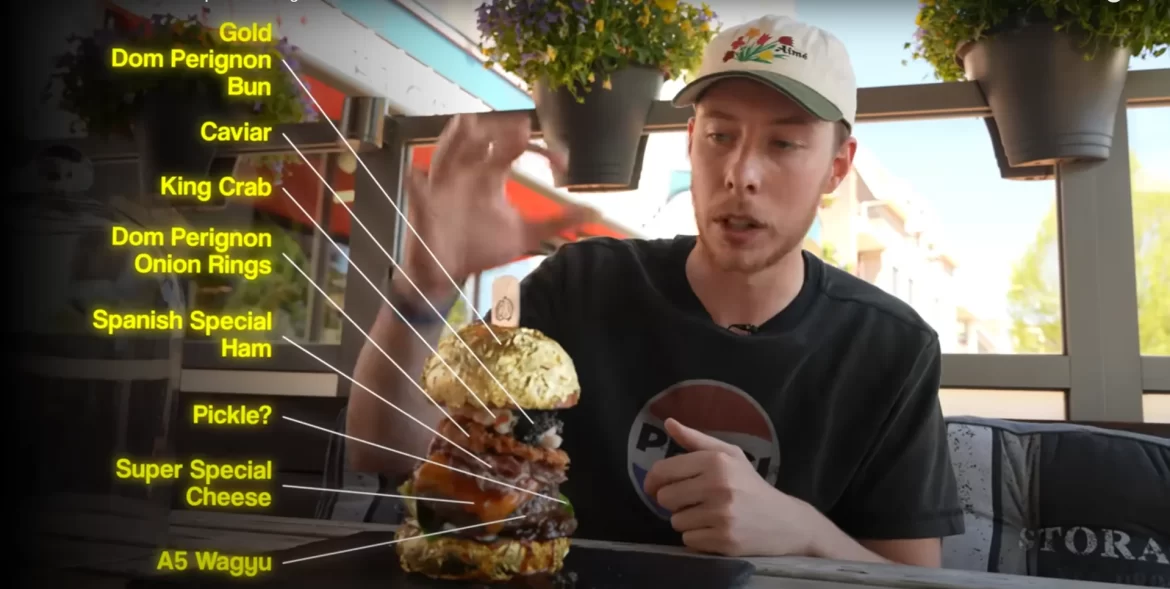 A lavish burger stacked with gourmet ingredients like gold Dom Perignon bun, caviar, king crab, and A5 Wagyu, showcased outdoors.