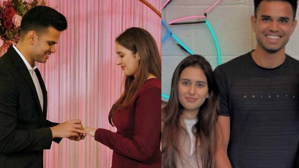 A couple engaged in a proposal against a floral backdrop, followed by a casual family photo with neon lights.