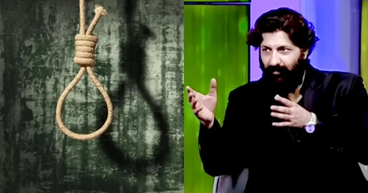 Man gesturing near noose against green background.