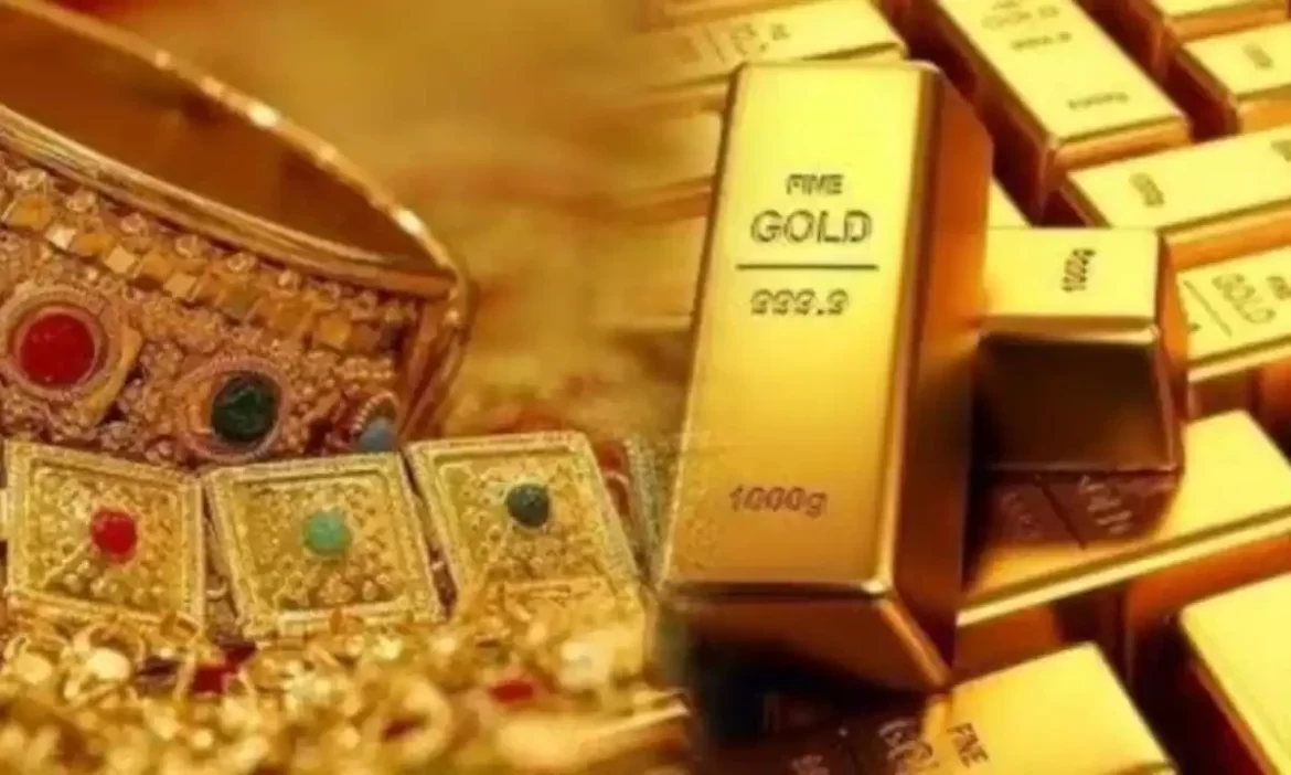 A collection of ornate gold jewelry and gold bullion bars, highlighting their luxury and value.