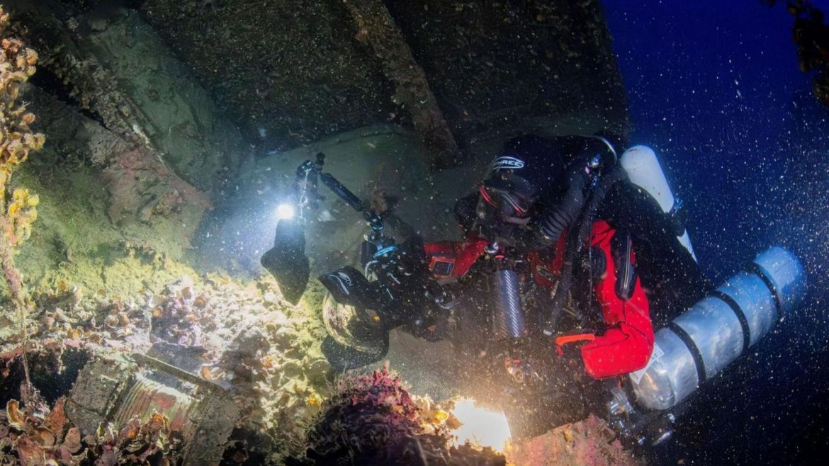 An underwater diver with a camera exploring a shipwreck, surrounded by marine life and coral, illuminated by a flashlight in the dark ocean depths.