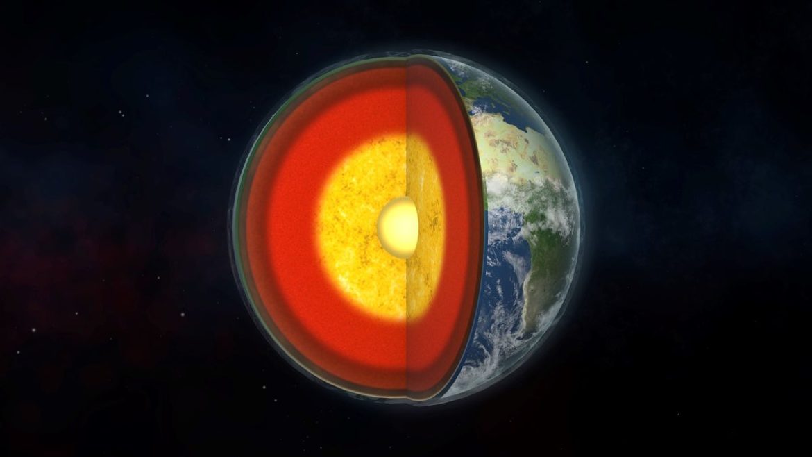 Earth’s internal structure, 3D illustration Cross-section of Earth displaying its core and mantle layers, with the outer crust visible against a starry background.