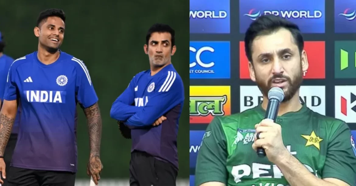 Two cricket players in blue and green jerseys stand against a backdrop of sports logos, embodying a competitive spirit.