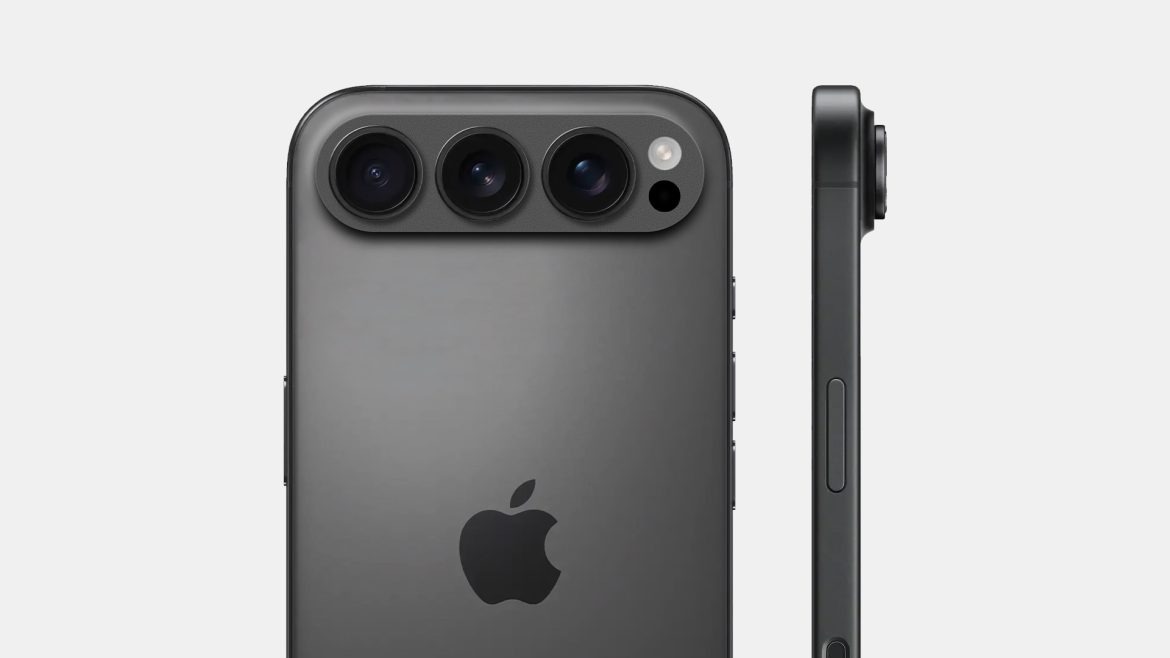 The image shows a close-up of the back and side of a black iPhone, highlighting its triple camera setup. The camera lenses are arranged in a horizontal line with a flash beside them. The Apple logo is visible on the back of the phone, and the side view shows the power button. The phone has a sleek, modern design with sharp edges.