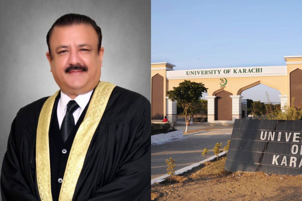 A formal portrait of a person in graduation attire on one side and the entrance gate of the University of Karachi on the other.