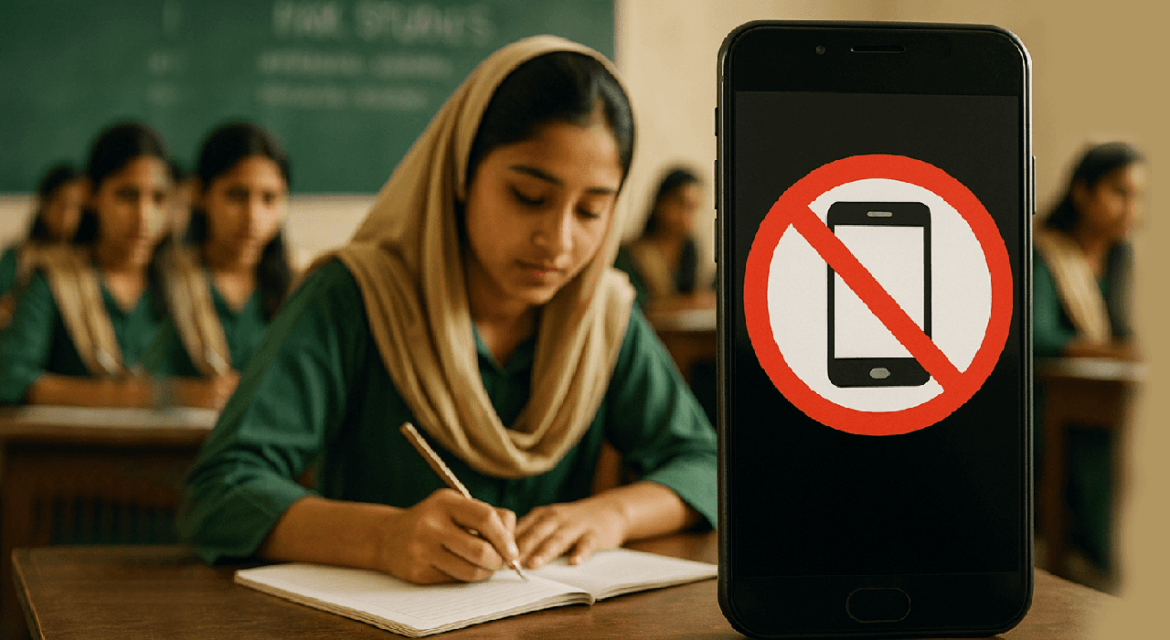 A student writes in a notebook at a desk, with a smartphone displaying a "no phone" symbol in the foreground, indicating restrictions.