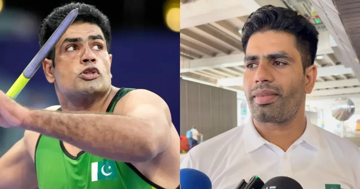 Pakistani athlete Arshad Nadeem in two frames: on the left, he is throwing a javelin during a competition, and on the right, he is speaking to the media in a white shirt, with a calm expression.