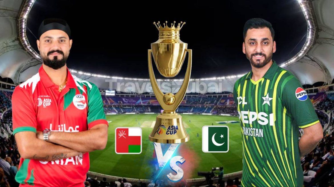 Oman and Pakistan cricket players posed with the Asia Cup trophy, set against a vibrant stadium background.
