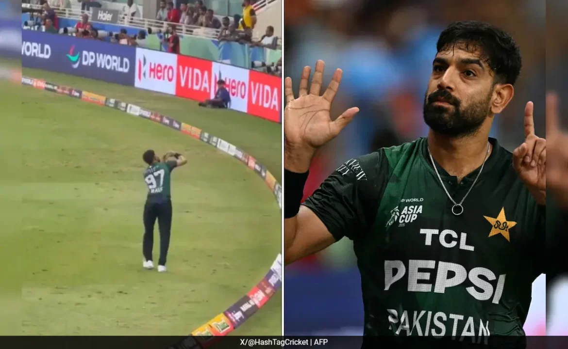 A Pakistani cricketer Haris Rauf in action during a match. On the left, he is seen fielding and catching a ball, while on the right, he is celebrating a wicket, making a gesture with his finger pointed upwards, wearing the Pakistan team kit with the Asia Cup logo and other sponsors.