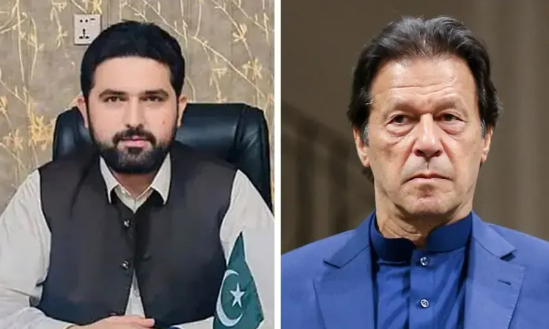 Two Pakistani men in formal attire, one seated with a flag and the other in a blue suit, both with blurred faces.