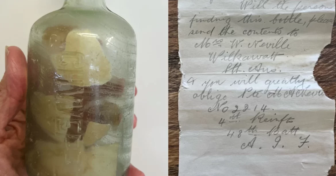 A preserved glass bottle with a handwritten note asking to return its contents to a specified address.