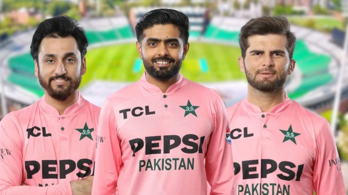 Three cricketers in pink jerseys featuring Pepsi Pakistan and star logos, posed in front of a stadium backdrop.