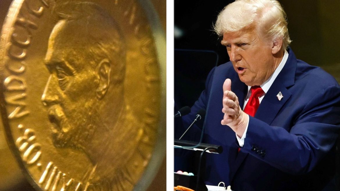 A close-up of a gold medal depicting a historical figure, alongside a blurred image of a man gesturing passionately while speaking.