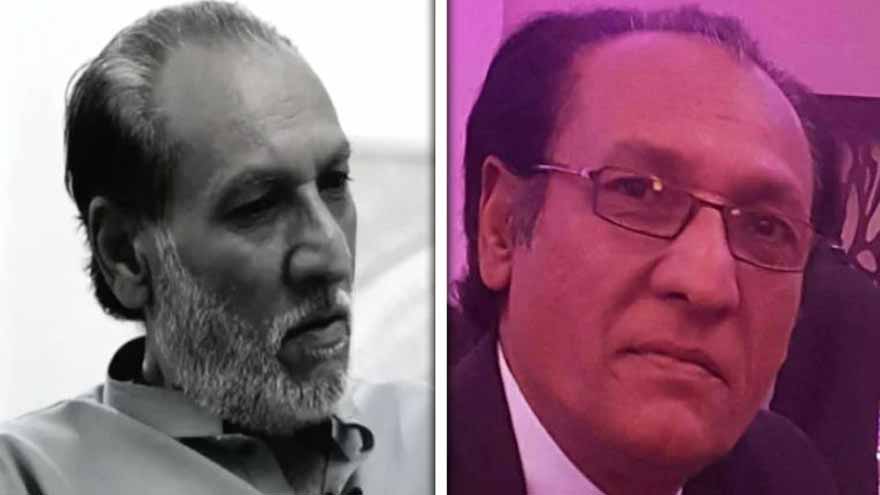 Two portraits side by side of men in formal attire, one in black and white and the other in color under purple lighting.