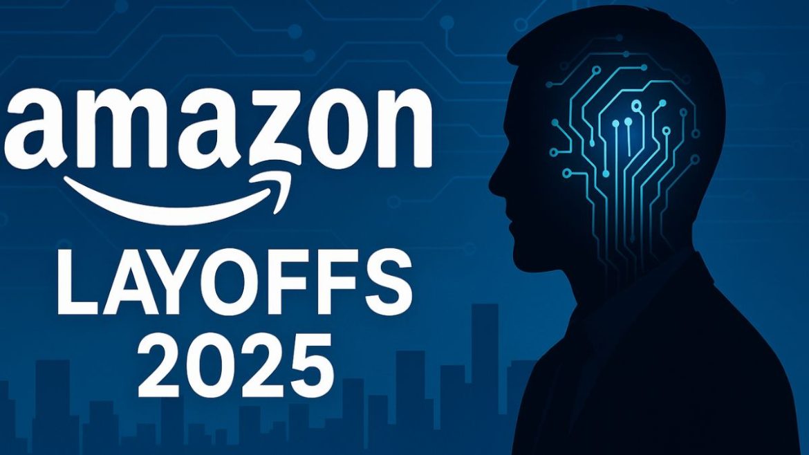 An illustration featuring the Amazon logo and the text LAYOFFS 2025, set against a blue tech-themed background.