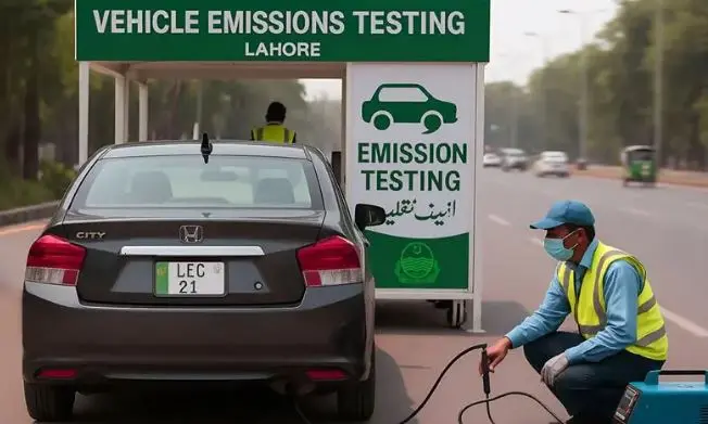 A technician conducts emissions testing on a Honda car at a facility in Lahore, under a green Vehicle Emissions Testing sign.