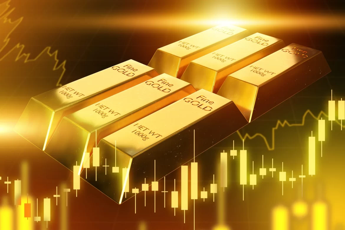 Five gold bars labeled "Fine Gold" are displayed against a glowing background with financial charts, symbolizing wealth and investment.