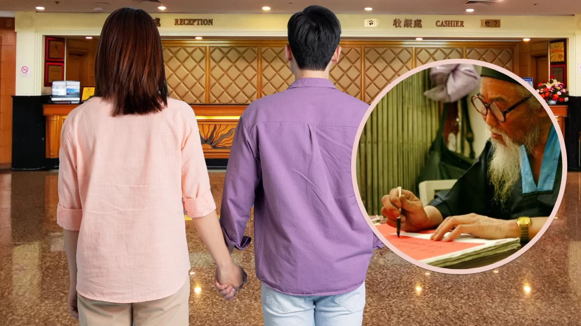 A couple holding hands stands in a hotel lobby with a reception desk. An inset shows a person writing on red paper.