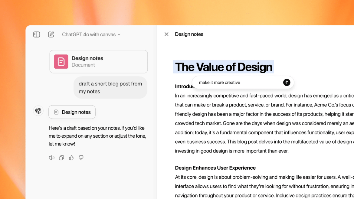 A screenshot of a digital workspace showing design notes titled "The Value of Design," highlighting its importance in product success and user experience.