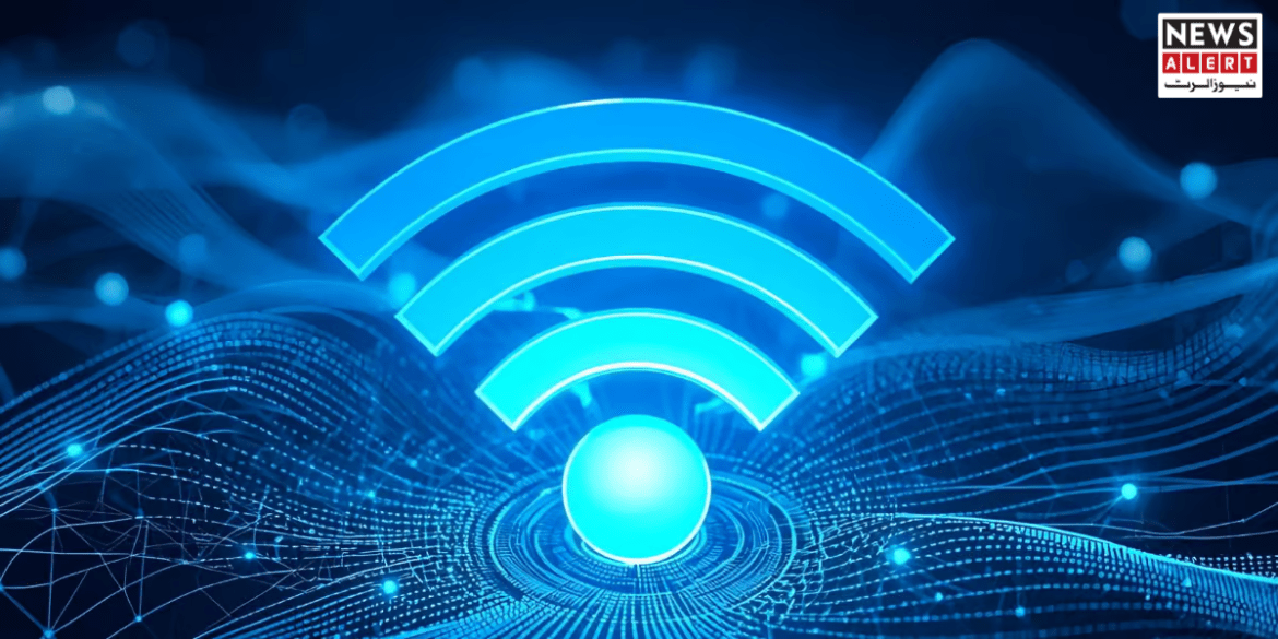A glowing blue Wi-Fi symbol radiates from a central sphere against a dark background with digital wave patterns, indicating connectivity.