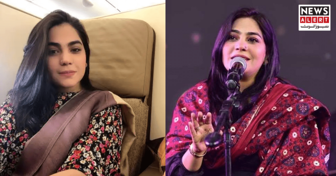 A woman in traditional attire is seated on a plane, while next to her, she speaks passionately at a podium during an event.