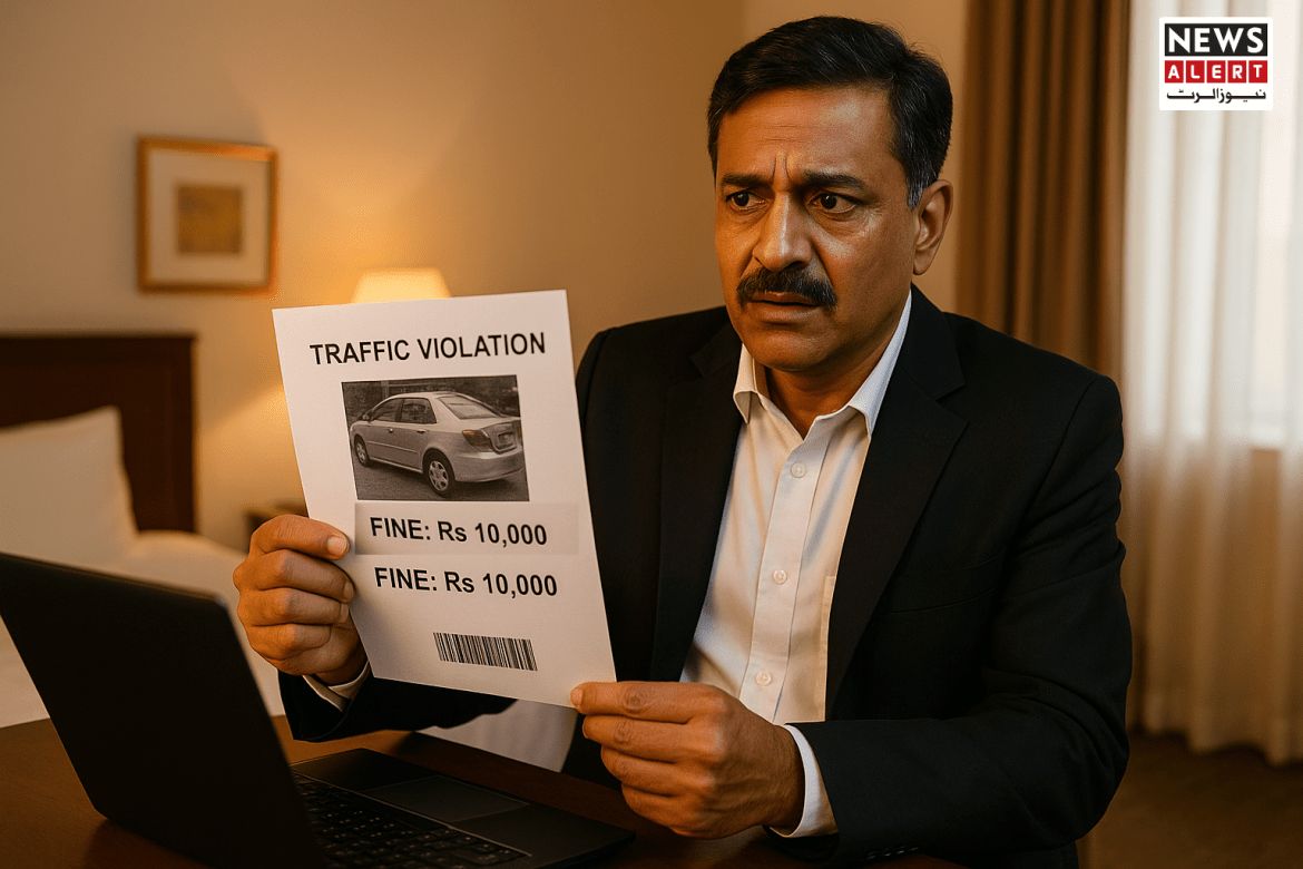 A man in a suit holds a "TRAFFIC VIOLATION" notice with fines displayed, sitting at a desk with a laptop in a hotel room.