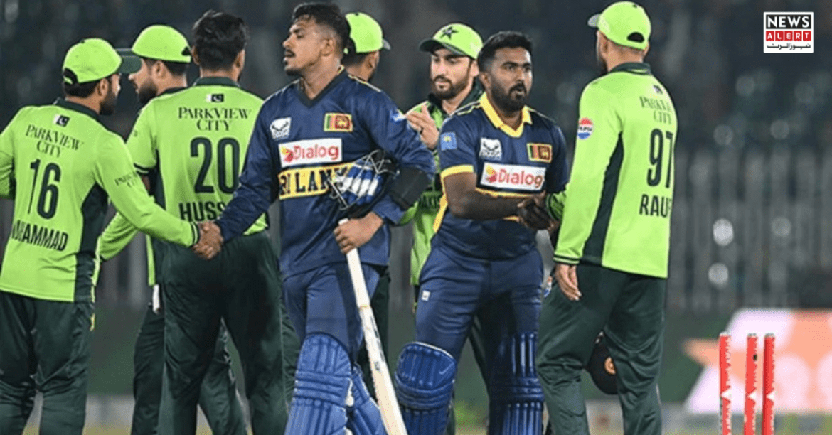 Two cricket teams, one in green and one in blue, shake hands after a match, showcasing sportsmanship on the field.