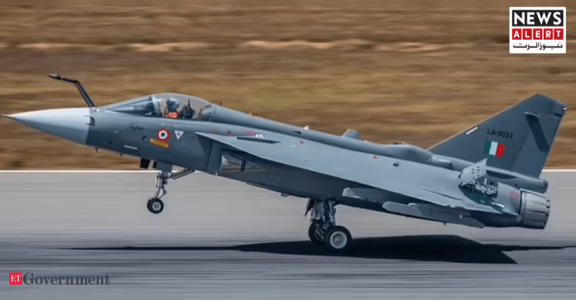 A fighter jet, with Indian Air Force markings, takes off from a runway amidst a blurred, earthy background.