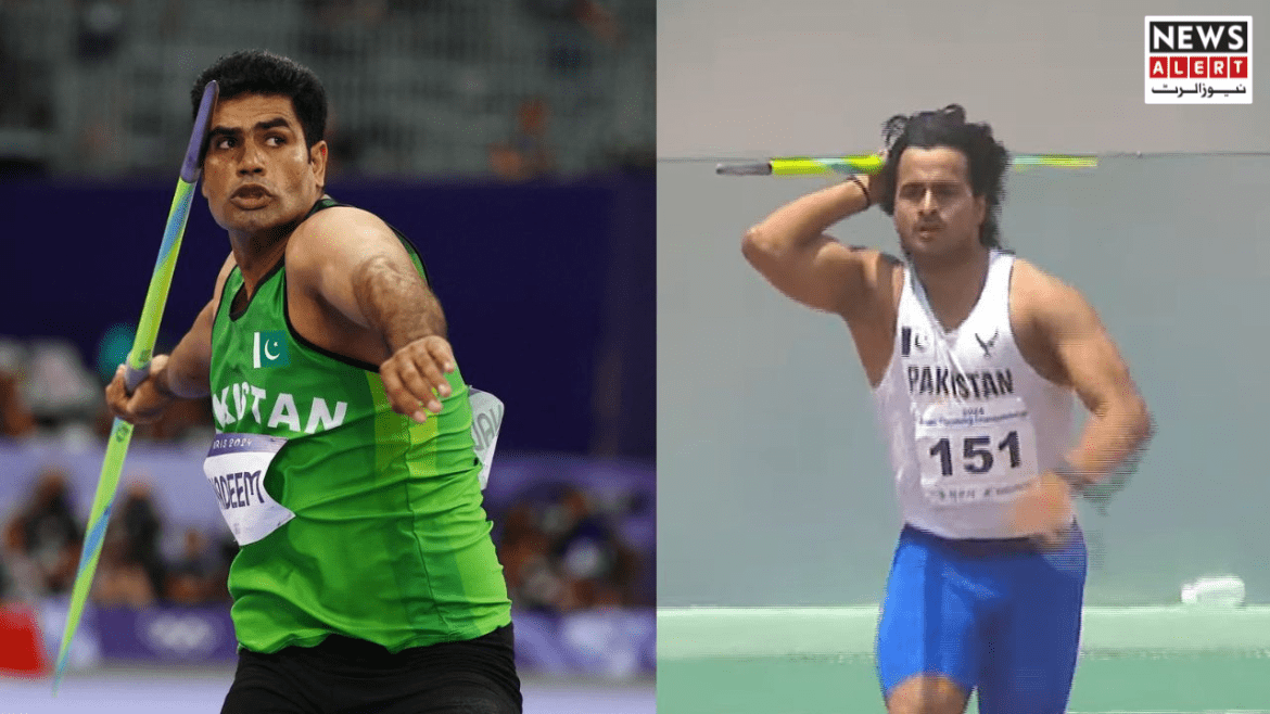 Two male javelin throwers from Pakistan in action, showcasing their athletic skills in competitive sports attire.