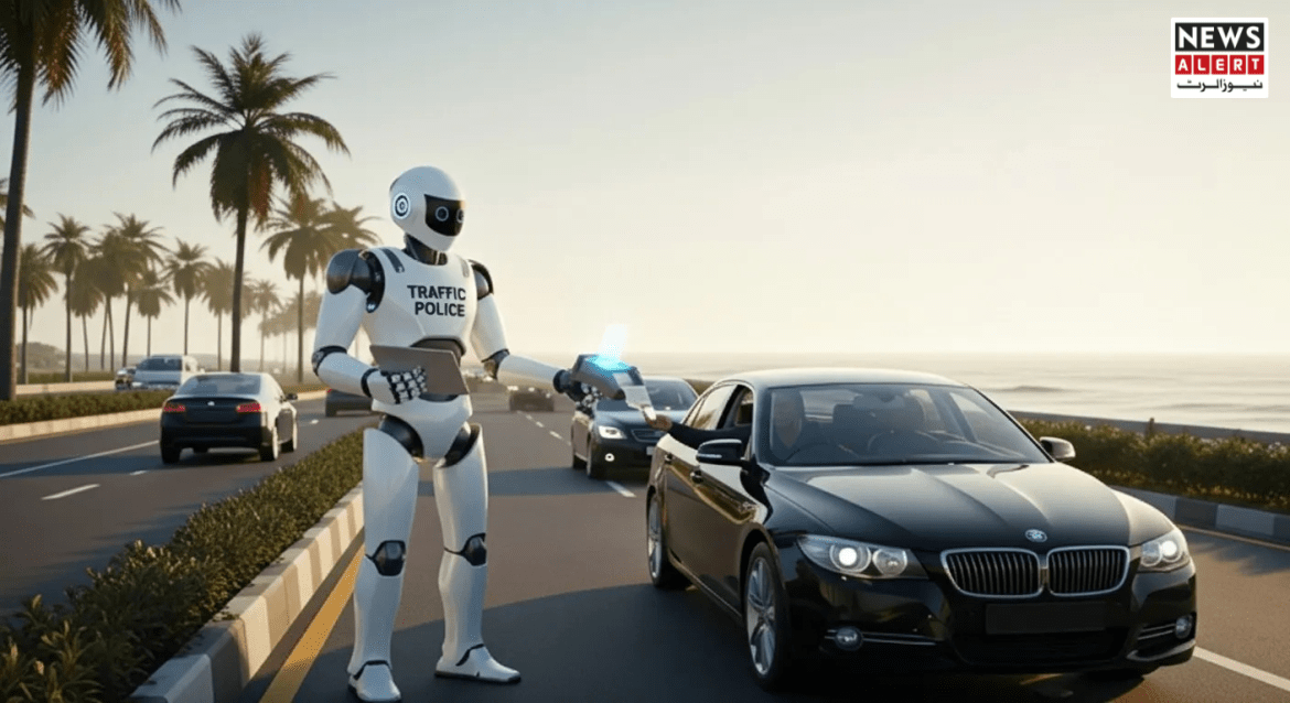 A robotic traffic police officer stops a black car on a scenic road with palm trees and the ocean in the background.