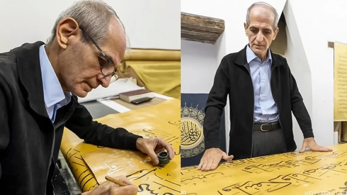 An elderly man is engaged in calligraphy, using ink and a brush on a yellow surface, surrounded by crafted artworks.