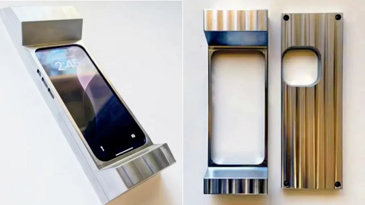 A sleek metallic phone case displayed with an iPhone inside it, showcasing its modern design and cut-out for the camera.