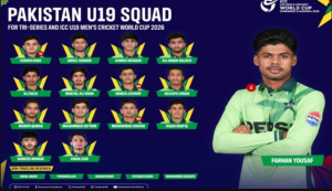 Image featuring the Pakistan U19 cricket squad for the 2026 World Cup, displaying player names and a central figure in a green jersey.