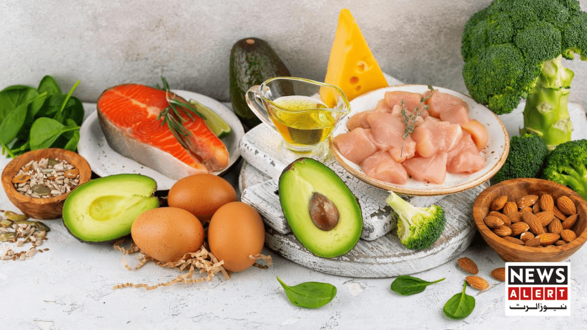 A variety of anti-aging foods including fresh salmon, chicken breast, eggs, avocado, almonds, spinach, broccoli, and olive oil, known for their rich nutrients that promote healthy aging and overall wellness.