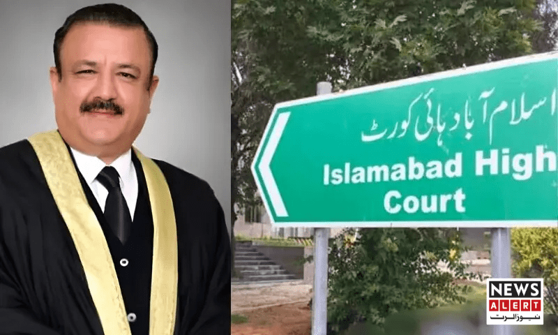 A sign directing to Islamabad High Court, alongside a person in judicial robes and an ornate black and gold gown.