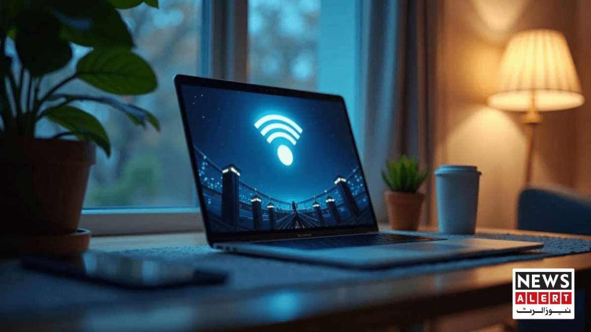 A laptop on a wooden desk displays a Wi-Fi symbol against a dark blue background, with a plant and coffee cup nearby. Soft lighting enhances the cozy atmosphere.