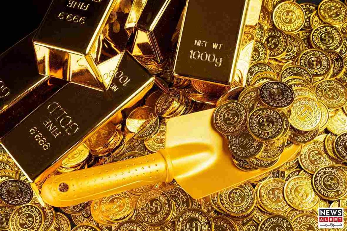 A pile of gold bars and shimmering coins, with a gold-handled shovel resting atop the treasure, reflecting wealth and luxury.