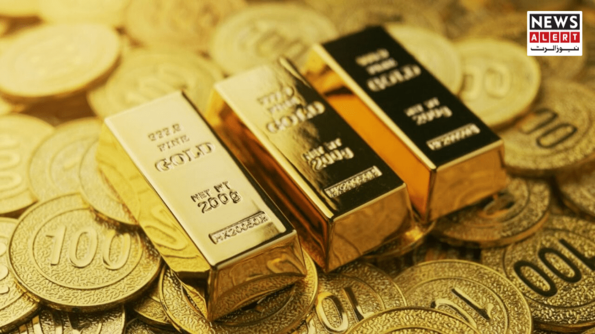 Three gold bars weighing 200g each rest on a bed of shiny gold coins, showcasing wealth and luxury.