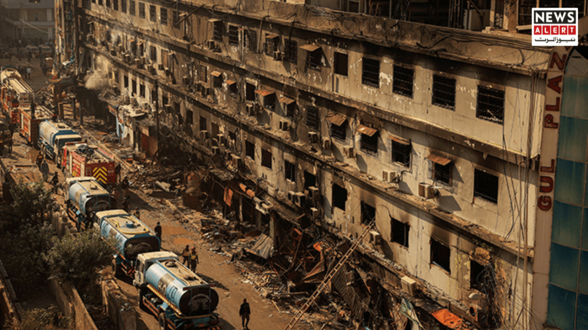 Emergency responders at a damaged building with debris and smoke, showcasing the aftermath of an incident, including firefighting vehicles.
