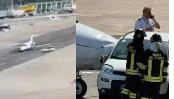 Fiat Panda crashes into private jet at Milan airport: Watch