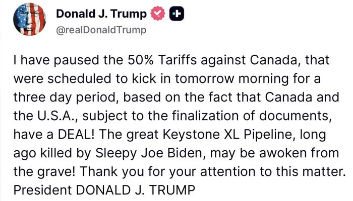 Trump Says US and Canada Reach Deal as Tariffs Face Three-Day Pause